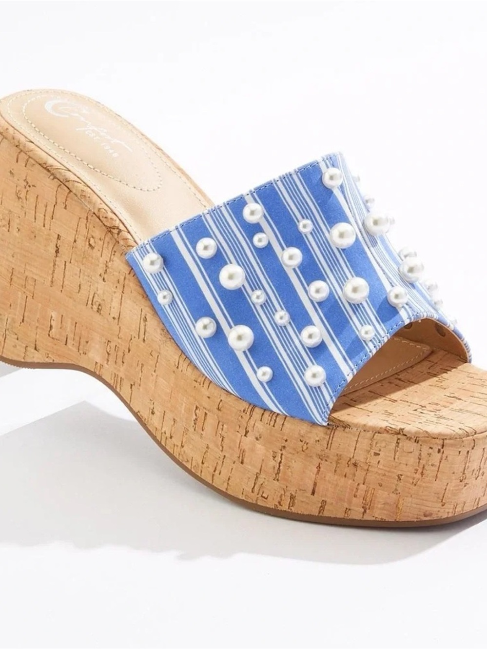 Cato | Blue Striped Pearl-Embellished Cork Wedge Mule
